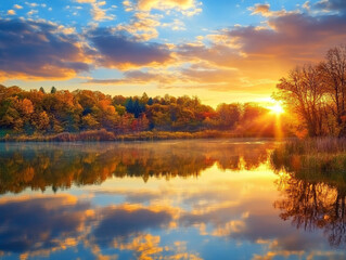 Obraz premium A magnificent autumn sunset over a calm lake.