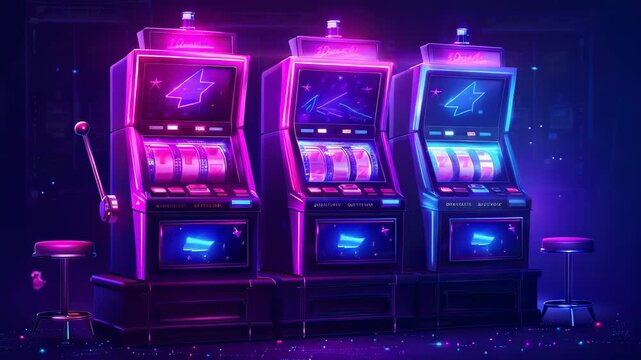 video of casino slots machines in blue and purple colors, Problem gambling or ludomania concept