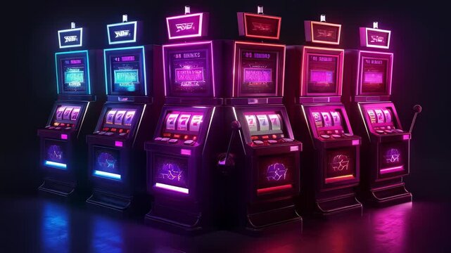 video of casino slots machines in blue and purple colors, Problem gambling or ludomania concept