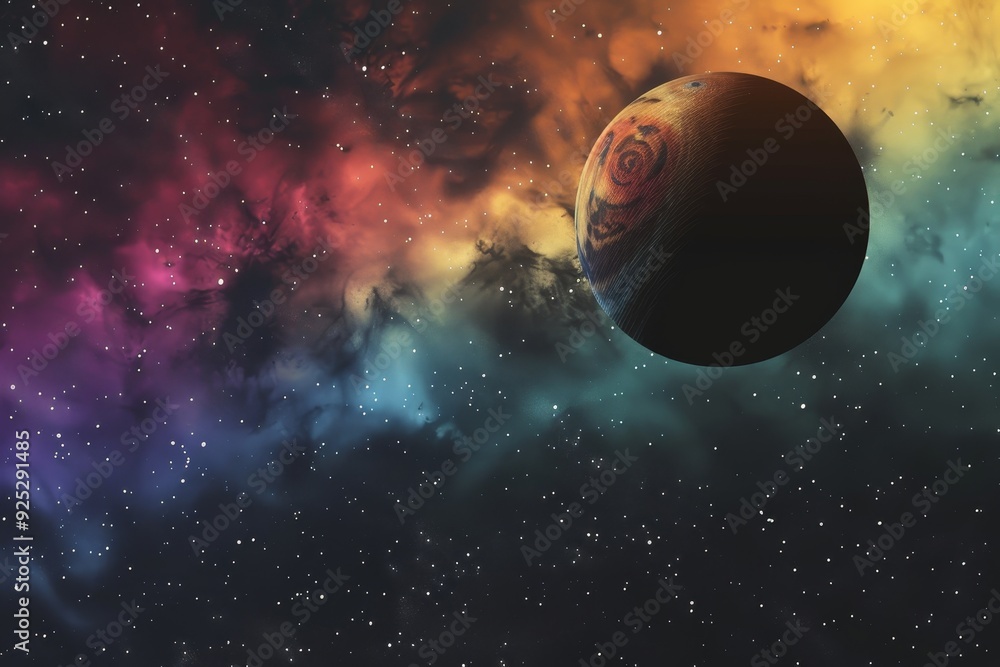 Poster rendering of a planet against a backdrop of deep space colors, showcasing its unique features and at
