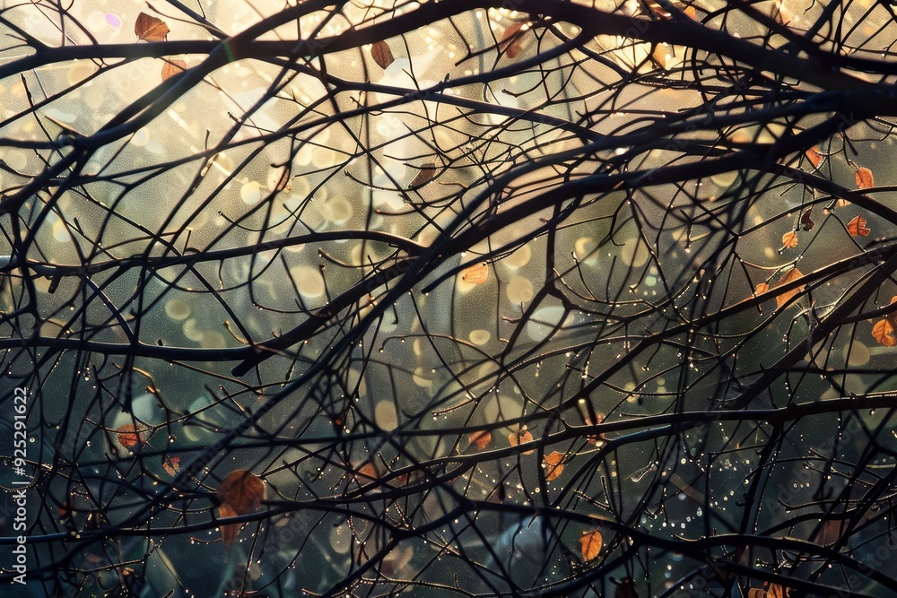 Aufkleber a collection of leaves clustered together on a tree branch with light filtering through, play of lig