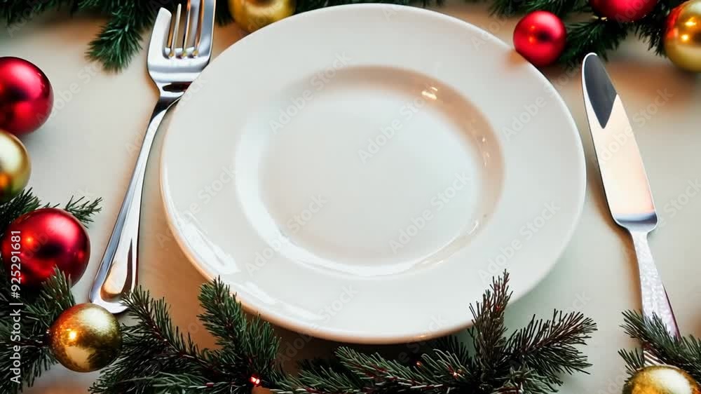Aufkleber christmas dinner table setting with decor and empty plate generative ai