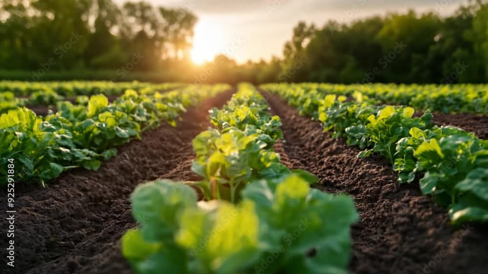 Poster rows of green leafy vegetables thrive in rich soil as the sun sets behind a tree line in a peaceful 