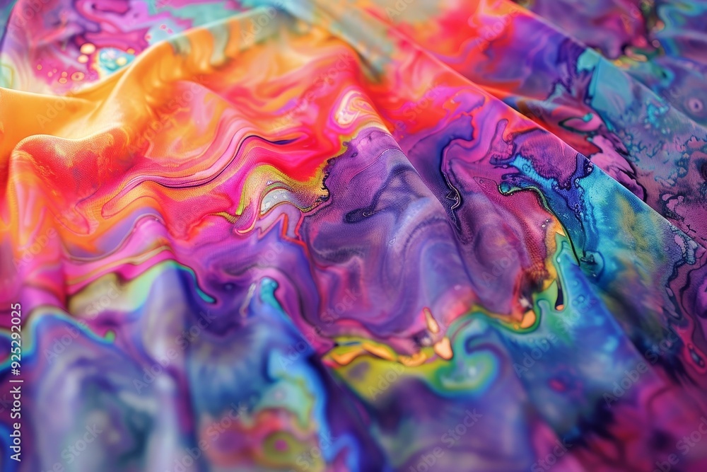 Poster close-up view showcasing a variety of bright colors and intricate patterns on a cloth, play with opa