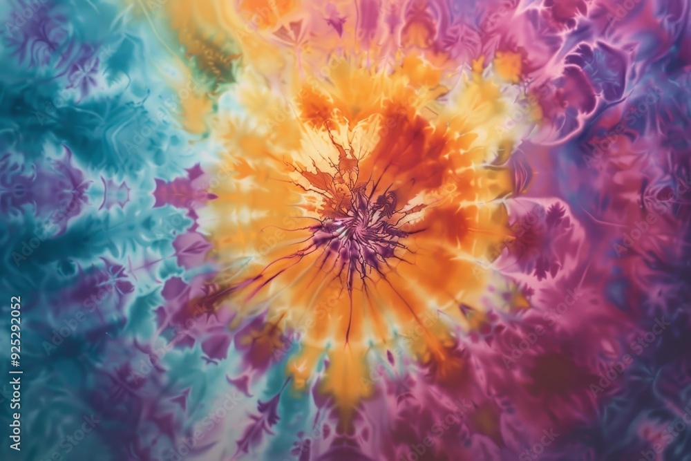 Poster vibrant tie-dyed background with a spiral design, showcasing a mix of rainbow colors and intricate p