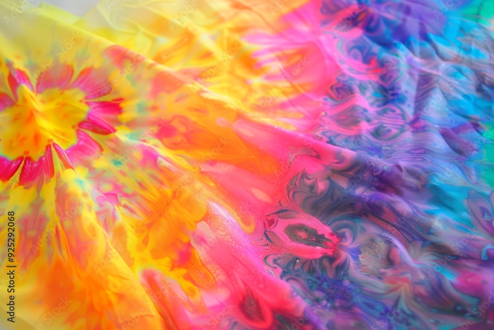 Poster vibrant tie-dyed fabric with multiple colors arranged on a clean white backdrop, play with opacity a