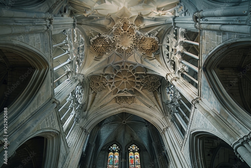 Poster intricate ceiling of large cathedral, play with the balance between light and shadow in the intricat