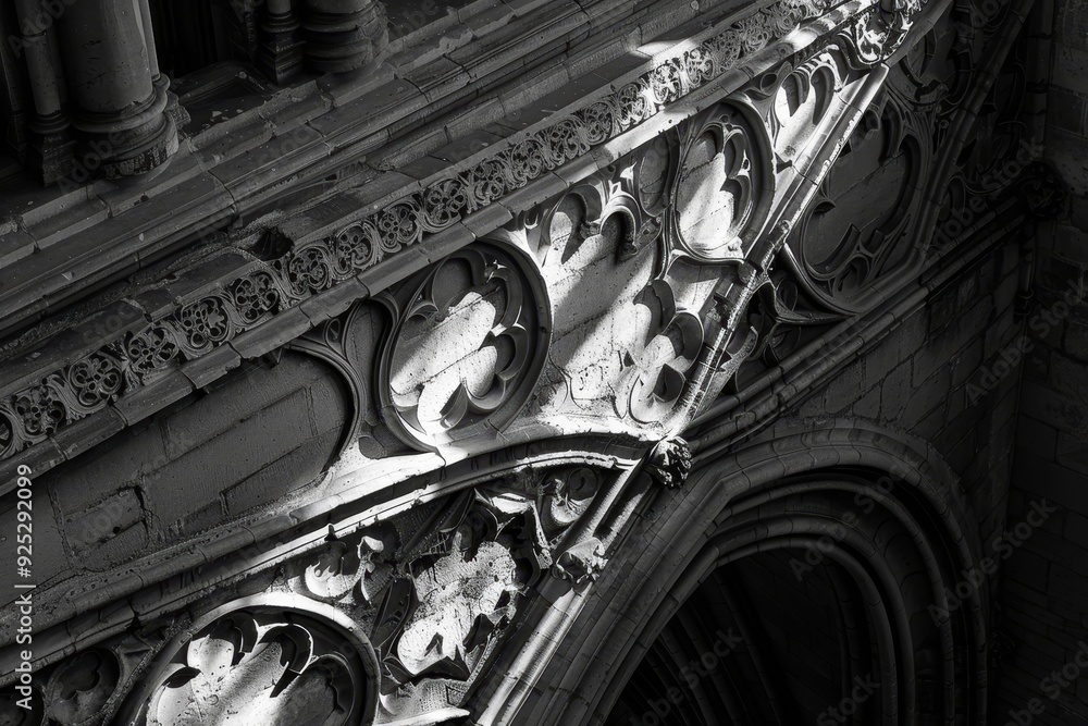 Poster monochrome architecture, play with the balance between light and shadow in the intricate stone carvi