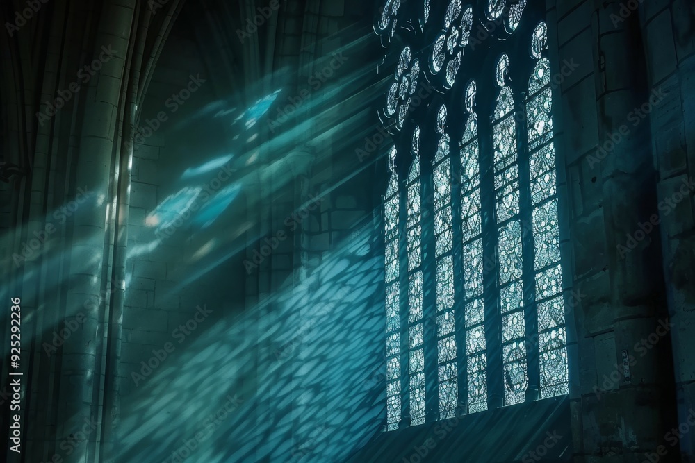 Poster a large window casts light into a very dark room, play with the balance between light and shadow in 