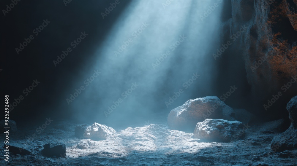 Poster soft beams of light filter through a cave, highlighting damp rocks and creating an ethereal atmosphe