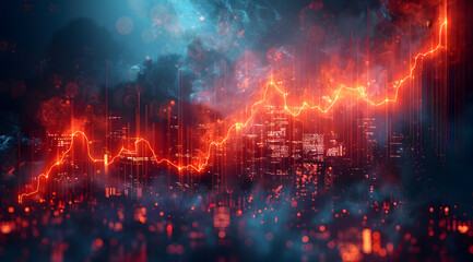 Abstract Background with Red and Blue Smoke and Glowing Line Graph over Cityscape