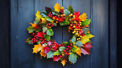 Bright autumn wreath on a wooden door.