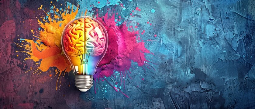 Creative light bulb with brain and colorful paint splashes on textured wall, symbolizing innovation and ideas.