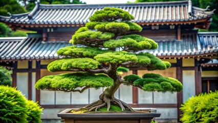 A bonsai tree with perfectly shaped branches and a small pagoda
