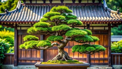 Fototapeta premium A bonsai tree with perfectly shaped branches and a small pagoda