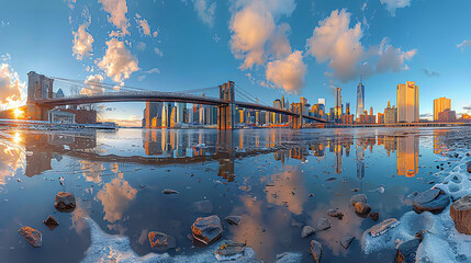 Fototapeta premium This is a view of the Manhattan skyline with the Brooklyn Bridge in the foreground, and a body of water in the middle.