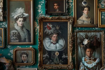 Numerous portraits of esteemed ancestors displayed on a wall with elaborate frames, Portraits of esteemed ancestors in elaborate frames