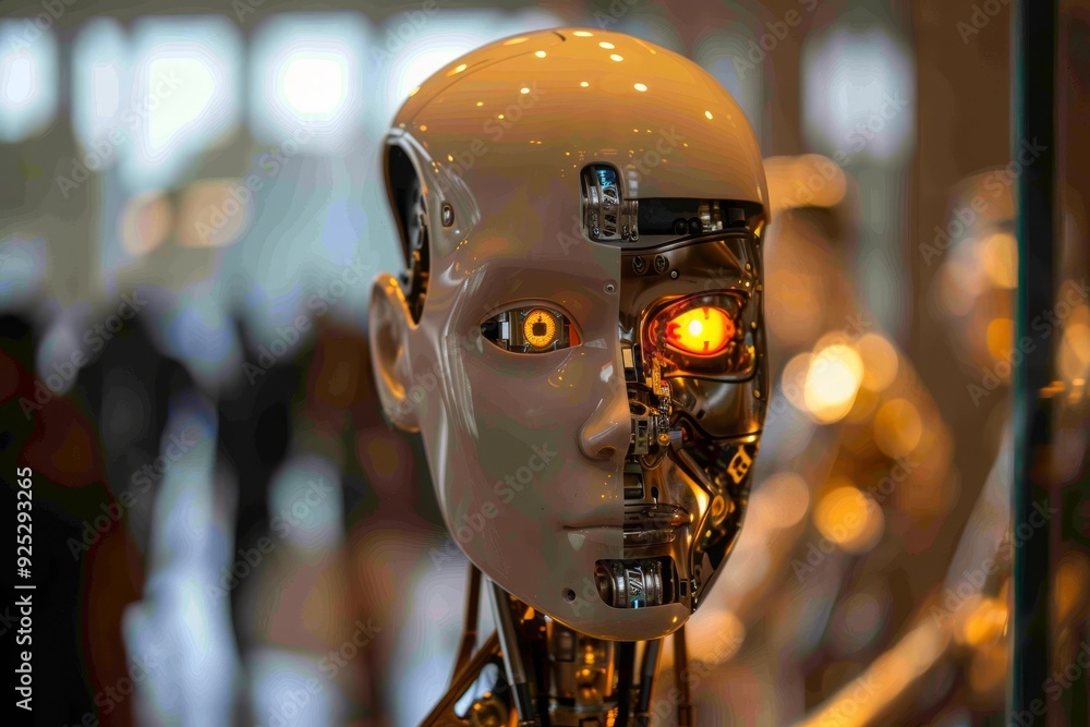 Poster a robot head with glowing eyes displayed in a store setting, portraying the concept of self-learning