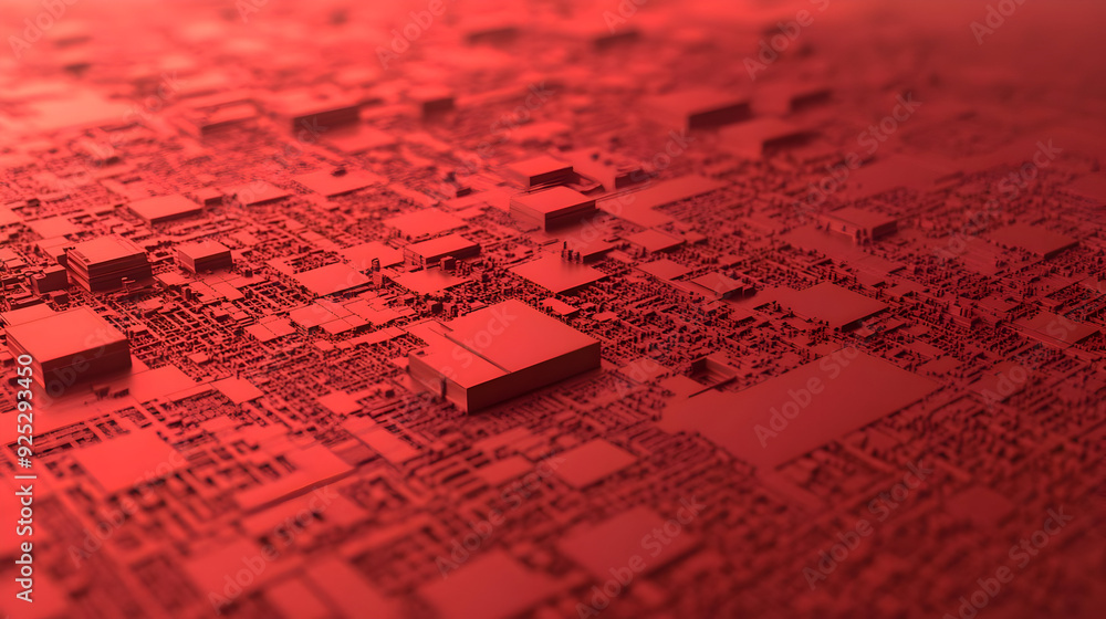 Poster a detailed abstract representation of a red circuit board or microchip design.