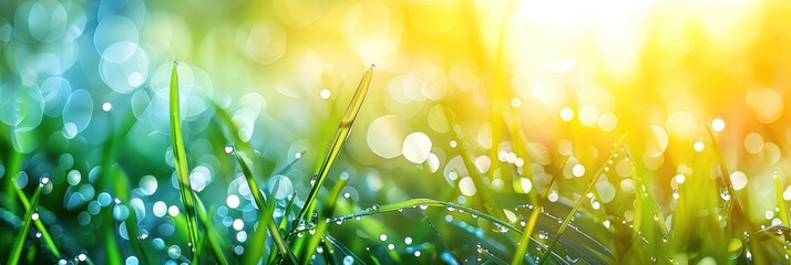 Obraz premium Close-up of fresh green grass with morning dew under the sunrise, depicting a vibrant spring and natural beauty.
