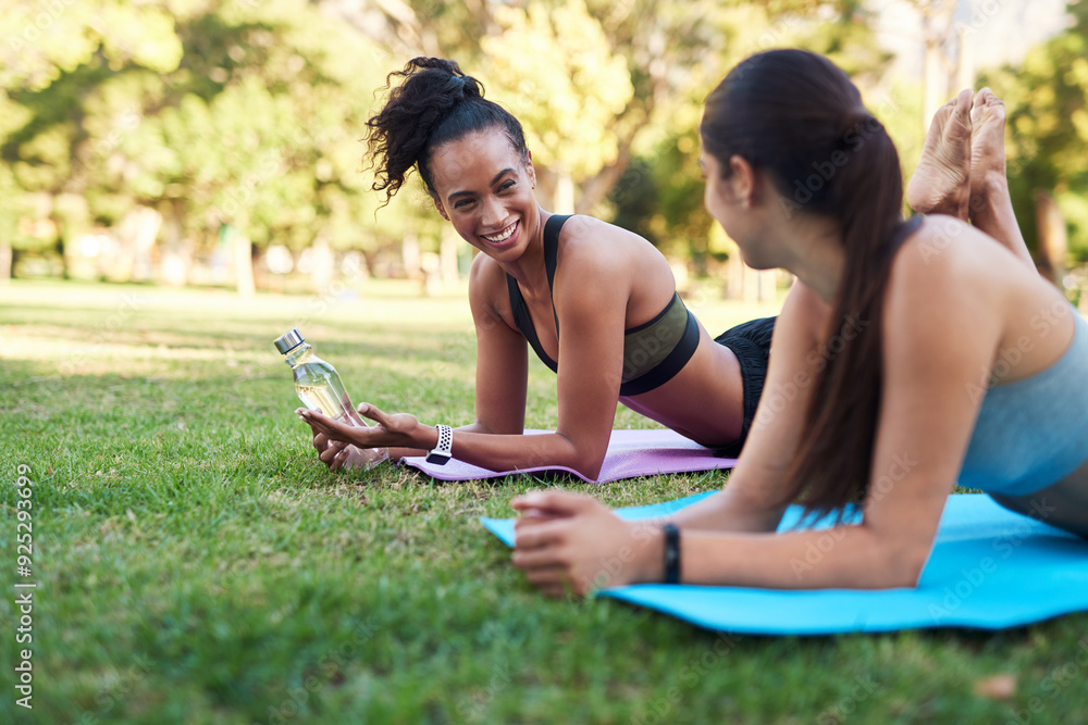 Sticker Conversation, fitness and yoga with women in park together for outdoor bonding, health or wellness. Exercise, performance and smile with happy friends on grass for balance, challenge or strength