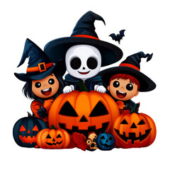A group of trick-or-treaters in costumes, children celebrating Halloween, joyful and fun, flat design, isolated on white background. 