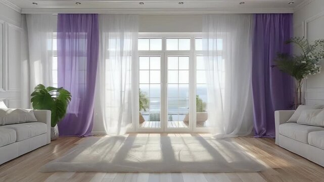 purple window curtains and white tulle on the white wall background