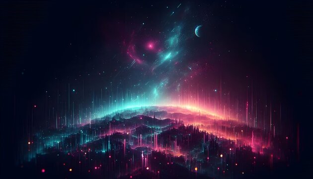 Vibrant Cosmic Skyline with Aurora and Planets
