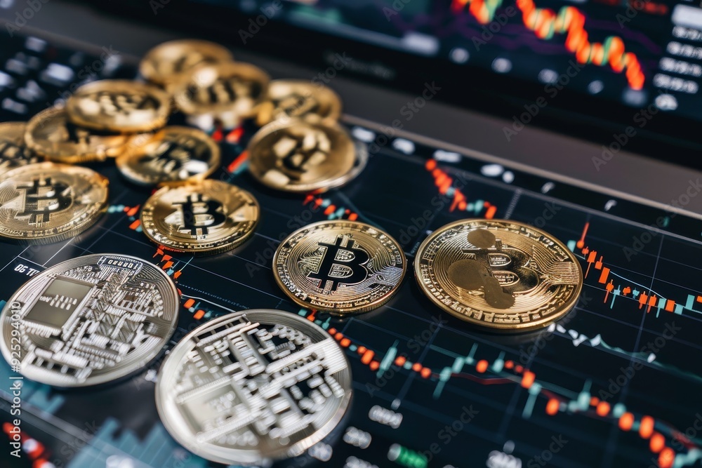 Aufkleber a collection of bitcoins neatly stacked on a table surface, portray the potential for financial auto