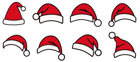 Set of Santa Claus hats isolated on a transparent or white background, vector illustration