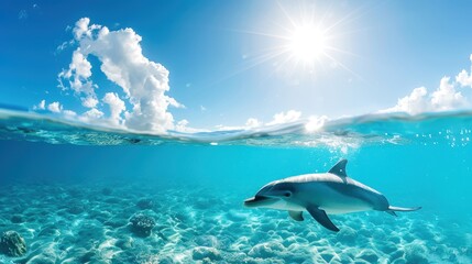Fototapeta premium A dolphin swimming joyfully in turquoise blue ocean water under a bright sunny sky with fluffy white clouds. Great for marine life themes.