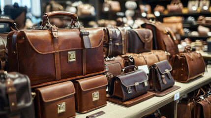 Leather travel goods and accessories displayed in an airport duty-free shop