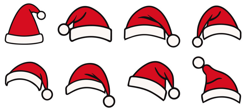 Set of Santa Claus hats isolated on a transparent or white background, vector illustration. Flat design santa hat icons collection, minimalist christmas cap.