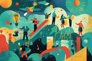 A group of individuals standing together on a mountain peak, enjoying the view, poster that highlights the unique selling points of our company and why it's a great place to work