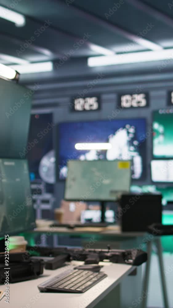 Poster vertical video empty army command center housing missile defense system designed to intercept ballis