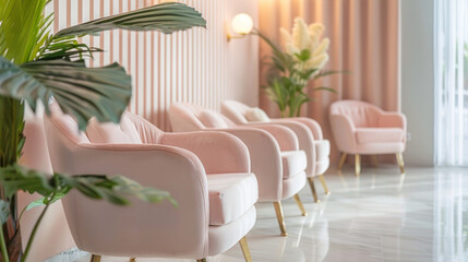 Luxurious modern lounge area with pink velvet armchairs and elegant decor. Concept of stylish interiors, luxury furniture, relaxing spaces, sophisticated design