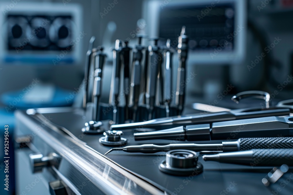 Poster Assorted Types of Tools on a Table, Precision surgical tools controlled by a surgeon using a computer interface in the operating room