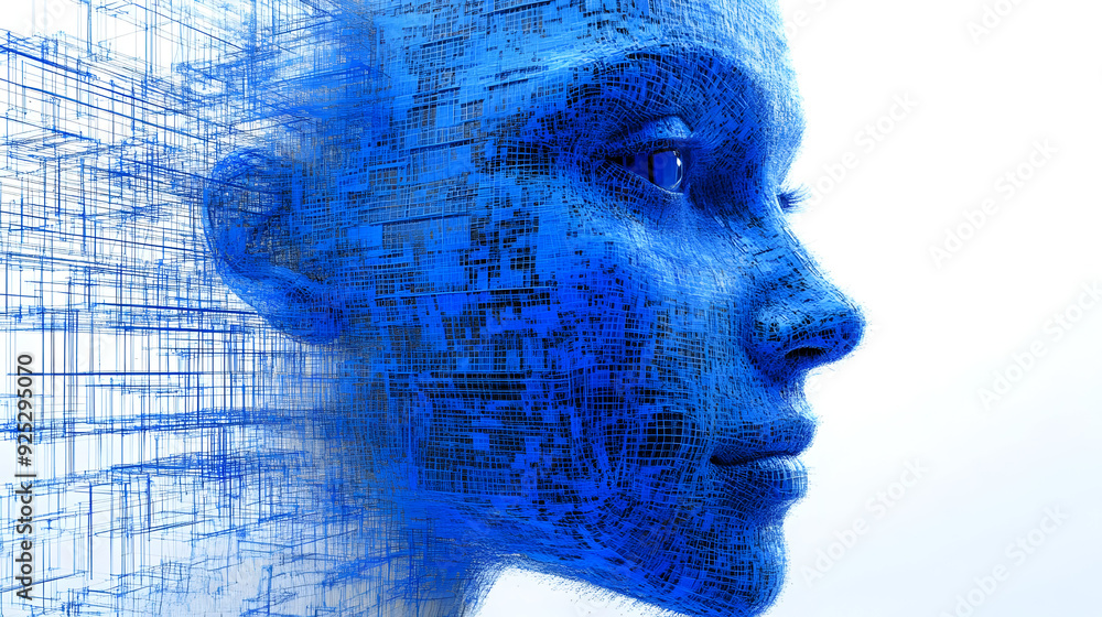Poster a digital representation of a human face composed of blue geometric lines and structures.