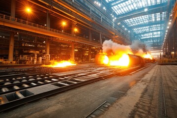 Industrial scene of molten metal pouring in a modern metallurgical plant