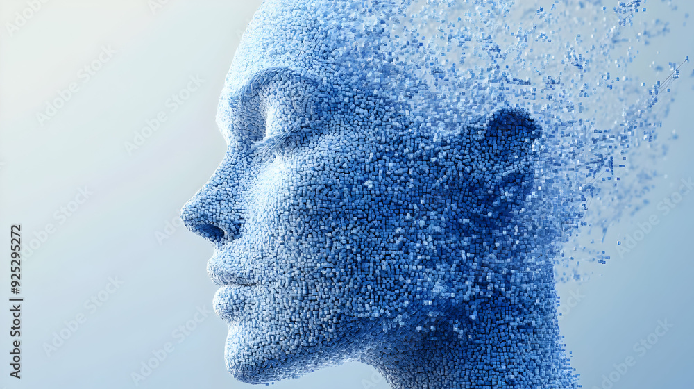 Aufkleber a digital representation of a human face dissolving into particles, symbolizing technology and ident