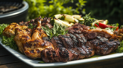 Assorted fried meat and vegetables at a summer barbecue, greens, meat, outdoors.