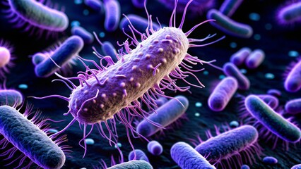 Detailed closeup image of bacteria under a microscope showing purple microorganisms with intricate textures and structures