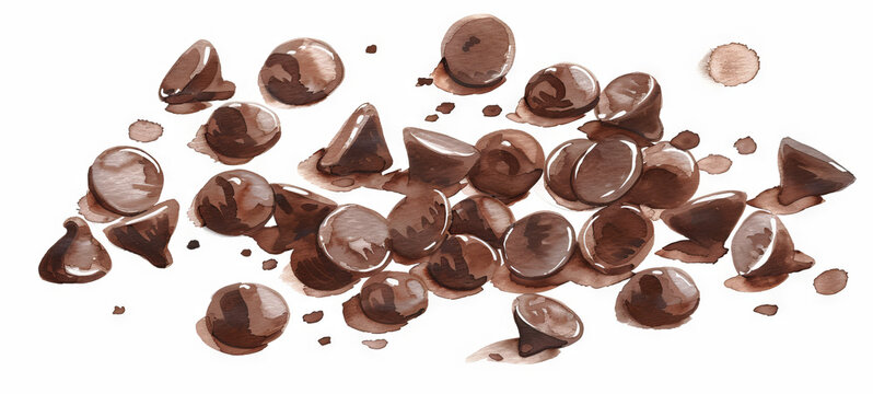 Watercolor illustration of scattered chocolate chips on a white background. Concept of dessert ingredients, baking, and sweet treats