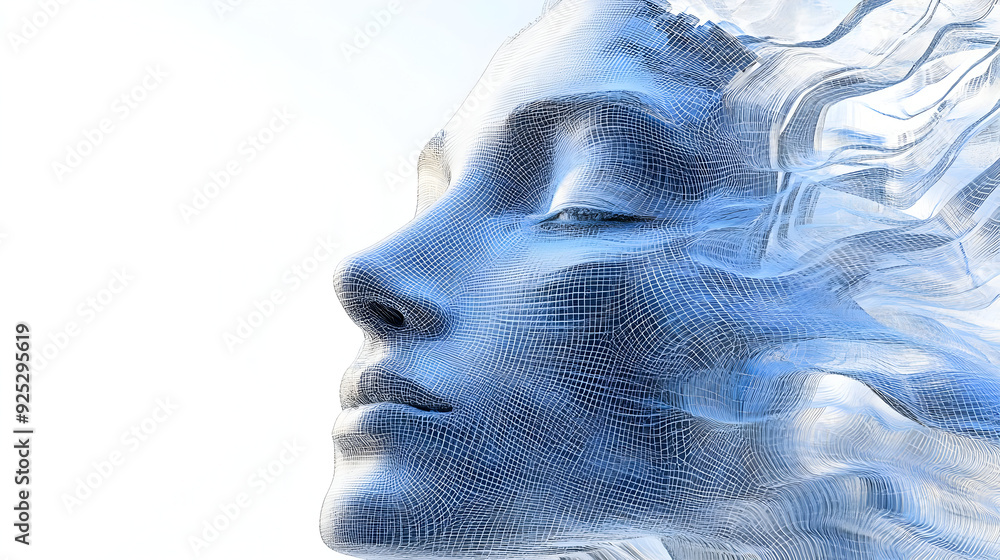 Poster a digital representation of a serene face with flowing lines, suggesting motion and emotion.