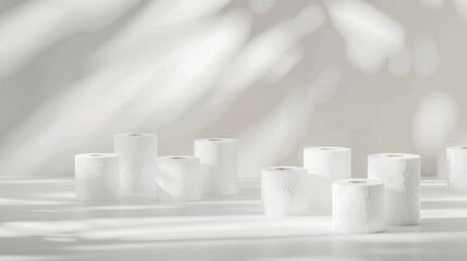 Toilet paper rolls and paper towels on a light background with soft shadows. Concept of cleanliness, hygiene, minimalism, white objects. Copy space