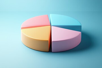 Obraz premium A colorful, stylized pie chart divided into four sections, displayed on a soft blue background, representing data visualization or segmentation