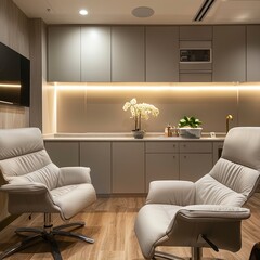 A living room with two chairs and a table, creating a cozy seating area, Private consultation rooms for personalized treatment plans