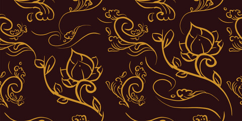 Seamless pattern design with detailed style floral motifs drawn freehand, elegant flourishes repeating surface pattern for web and print use.