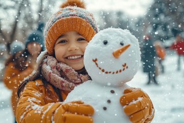 Joyful winter day in snowy park with families from diverse backgrounds