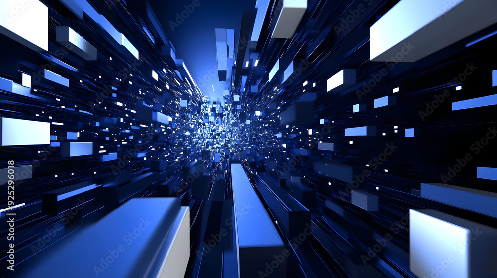 Poster A dynamic 3D abstract representation of data flow and technology.